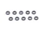 Ten small gunmetal-coloured aluminium shims arranged in two rows of five on a white background.