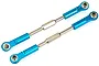 Two blue anodized aluminium RC turnbuckle linkages with silver metal ball ends on a white background.