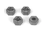 Four silver-coloured metal 12mm RC wheel hex adapters arranged on a white background.