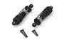Two black adjustable RC shock absorbers with coil springs and four mounting screws on a white background.