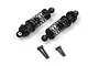 Two black aluminium adjustable RC shock absorbers with coil springs and four mounting screws on a white background.