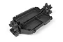 A black plastic main chassis tub for an RC vehicle, shown from a high-angle perspective against a white background.