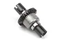A complete assembled metal differential unit for an RC car, featuring a bevel gear and two drive cups on a white background.