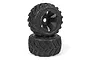 Two black RC monster truck wheels stacked on a white background, featuring aggressive tread patterns and multi-spoke rims.