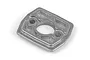 A rectangular silver metal RC motor mount plate with a central hole and two mounting screw holes, shown against a white background.
