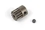 A 14-tooth metal pinion gear and a small grub screw on a white background.