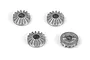 Four silver-coloured metal internal differential gears for an RC car, shown from different angles on a white background.