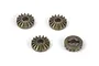 Four small metal differential gears for an RC car, showing both the gear teeth and the flat rear mounting side.