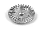 A silver-coloured metal differential bevel gear for an RC vehicle, viewed from an angle against a white background.