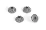 Four small metal internal differential gears for an RC vehicle, shown from different angles against a white background.