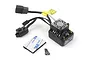 Maverick MSC-6016-BL 60A brushless electronic speed controller with attached cooling fan, power switch, wiring, 3M adhesive pad, and two mounting screws.