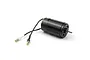 A black Maverick 390 brushed RC motor with two black wires and gold bullet connectors against a white background.