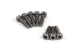 A set of eight dark grey metal button head screws with coarse threads and hexagonal drive sockets, arranged on a plain white background.