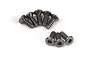 A set of eight black metal countersunk screws with hex drive heads arranged on a white background.