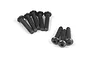 A set of eight black metal button head screws with hex drive sockets, arranged on a white background.