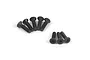 A set of eight black metal countersunk hex head screws arranged on a white background.
