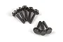 A set of eight black metal flanged hex head screws arranged on a white background.