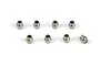 Eight small silver-coloured metal pivot balls arranged in two rows on a white background.