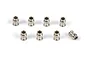 Eight small silver-coloured metal pivot balls for RC car suspension arranged on a white background.
