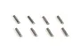 Eight small silver-coloured metal drive pins arranged in two rows of four on a white background.