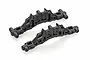 Two black plastic RC car shock towers shown from an angled perspective against a white background.