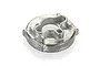 A silver-coloured metal motor mount part for an RC car, shown from an angled perspective against a white background.