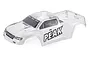 A clear, unpainted 1/10 scale RC truck body shell by Atrek, featuring the Peak logo on the side and Atrek branding on the windshield and grille.