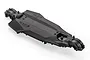 A black plastic RC car main chassis component viewed from an elevated angle against a white background.