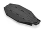 A black molded plastic RC car main chassis plate shown from a high-angle perspective against a white background.