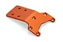 An orange anodized aluminium front chassis skid plate for an RC car, shown from an angled top-down perspective on a white background.