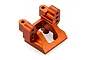 An orange anodized aluminium front upper bulkhead for an RC car, shown from a high-angle perspective against a white background.