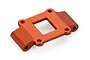 An orange anodized aluminium rear lower bulkhead component for an RC car, shown from a high-angle perspective on a white background.