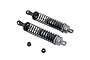 Two grey aluminium RC shock absorbers with black springs and two small black plastic spacers on a white background.