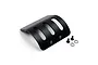 A black curved aluminium motor guard for RC cars with three ventilation slots, accompanied by two small screws and two washers on a white background.