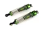 Two green anodized aluminium RC shock absorbers with silver coil springs on a white background.