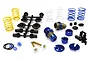 A set of Integy XSR11 aluminium competition shock absorber parts including blue anodised bodies, springs in yellow, white, and blue, and various plastic components.