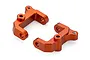 Two orange anodized aluminium C-hub steering carriers for RC cars on a white background.