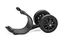 A black plastic RC wheelie bar assembly with two wheels, shown against a white background.