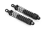 Two black RC shock absorbers with silver shafts and black springs, isolated on a white background.