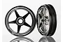 Two 1.9-inch five-spoke RC car rims with a chrome finish, shown from front and side angles against a white background.