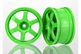 Two bright green six-spoke RC car rims shown from front and side angles against a white background.