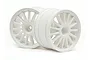 Two white HPI Racing 2.2 inch multi-spoke RC car rims shown from a front-quarter angle against a white background.