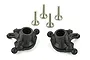 Two black plastic RC front steering hubs and four silver metal screws on a white background.