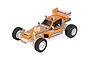 Team Associated RC28 Zoom 1/28 scale RC buggy in orange with blue and white racing decals, featuring off-road tires and a rear wing.