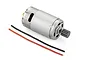 Atrek 390-sized brushed RC motor featuring a pre-installed metal pinion gear and two loose red and black electrical wires.