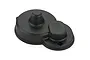 A black plastic gear cover for an RC vehicle, featuring a textured finish and two raised circular sections, isolated on a white background.