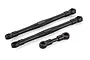 Three black plastic RC steering linkages of varying lengths arranged on a white background.