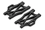 Two black plastic rear lower suspension arms for an RC car, marked with L and R indicators.