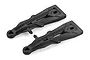 Two black plastic RC car front lower suspension arms shown from an elevated angle against a white background.