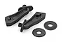 A set of black plastic RC wing mounts including two main mounting arms marked L and R and two circular washers on a white background.